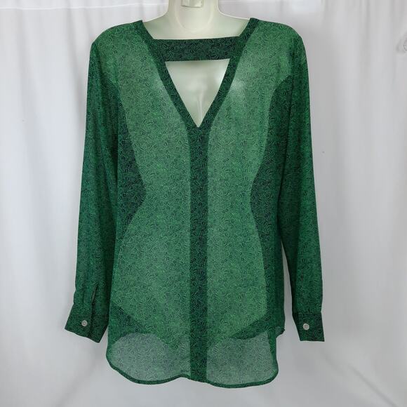 CAbi Bountiful Long Sleeve Emerald Green Sheer Blouse, Small - Picture 4 of 16